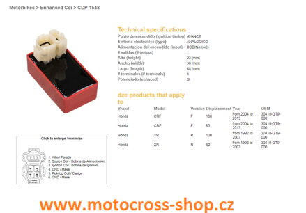 DZE MODUŁ ZAPŁONU CDI HONDA CRF 80/100F 04-13, XR80/100R 92-03 (30410-GT9-000)