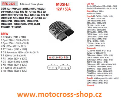 Relé napětí BMW S1000RR /08-12/, R1200 GS /13-15/, DUCATI 1200, TRIUMPH, KAWASAKI, YAMAHA, HONDA, MOSFET (50A)