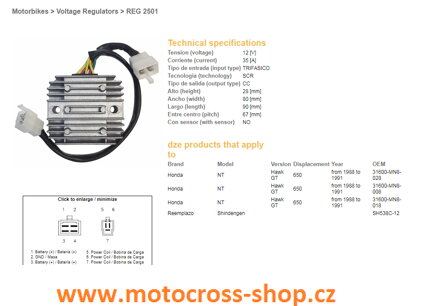 DZE REGULATOR NAPIĘCIA HONDA NTV650 '88-91 12V 35A (SH538C-12) (31600-MN8-008) (31600-MN8-028) (ESR252)