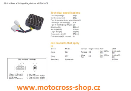 DZE REGULATOR NAPIĘCIA HONDA XL 600 V 87-90, XRV650 '88-'89 (SH538A), (RGU-144, ESR640), (31600-MM9-000) (31600-MS8-000)