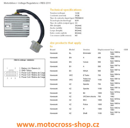 DZE REGULATOR NAPIĘCIA KAWASAKI GPZ500S 87-01, EN450/454/500 85-01, GPZ750/1100, KZ1000