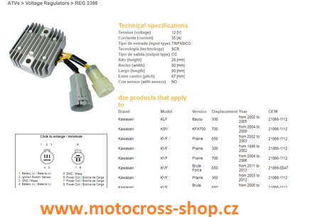 DZE REGULATOR NAPIĘCIA KAWASAKI KVF300/360/400/650/700, KFX700 (ESR135) (21066-1112) (21066-0047) (35A)
