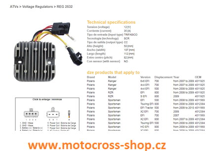 DZE REGULATOR NAPIĘCIA POLARIS SPORTSMAN EFI 500/700/800, RANGER EFI 500/700/800 (12V/35A) (4012384, 4011569, 4011925) (ESR826)