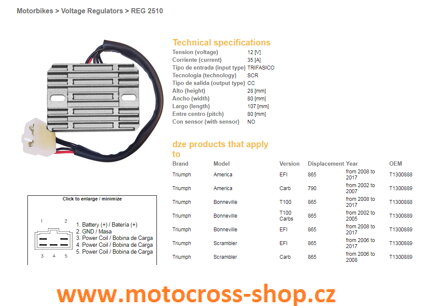 DZE REGULATOR NAPIĘCIA TRIUMPH AMERICA 790/865 '02-'17, BONNEVILLE 865 '02-'17, SCRAMBLER/SPEEDMASTER 865 '02-'17, TT 600 '00-'03 (T1300889, T1300888) (ESR547)