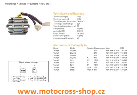 DZE REGULATOR NAPIĘCIA TRIUMPH DAYTONA 675 '06-14, SPRINT 995/1050 '99-'14, STREET TRIPLE 675 '07-'14 (T1301234, T1304040, T1305123) (ESR536)