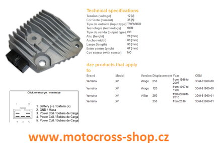 DZE REGULATOR NAPIĘCIA YAMAHA XV 125 VIRAGO 97-98, XV 250 VIRAGO 96-16, XV 250 V-STAR '08-'15 (3DM-81960-00, 3DM-81960-01)