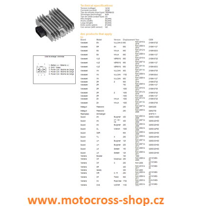 Relé napětí KAWASAKI ER 6/KLE 650/ Z 750 /Z 1000, YAMAHA T-MAX 500, XVS 1100 V-STAR, YZF R6, SUZUKI DL 1000V '02-06, BURGMAN 125/250/400 (ESR444;ESR161)