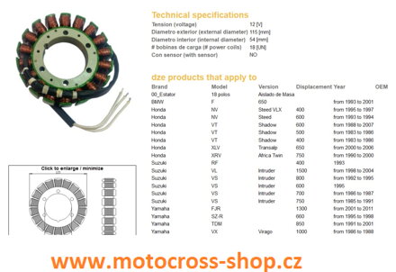 Stator alt. YAMAHA FJR 1300 (01-11), TDM 850 (91-01), XV 750 (81-98), 1100 (86-99), SUZUKI VL 1500 (98-04), VS 600/700/750/800, HONDA VT 600 (88-07, XL 650V (00-06), XRV 750 (90-00)